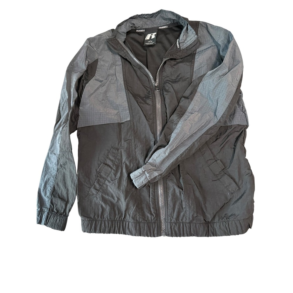 Russell Athletic Kids Black Grey Full Zip Windbreaker Jacket Size L 10-12